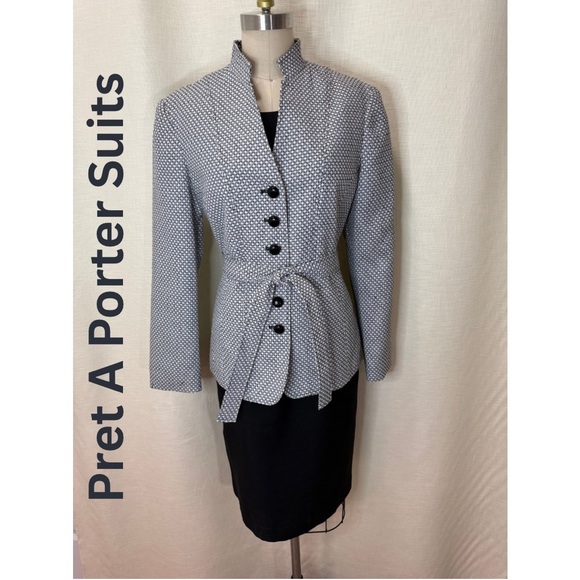 Pret A Porter Jackets & Blazers - Preta A Porter Black White Suit Jacket Blazer Tie Waist Size 8